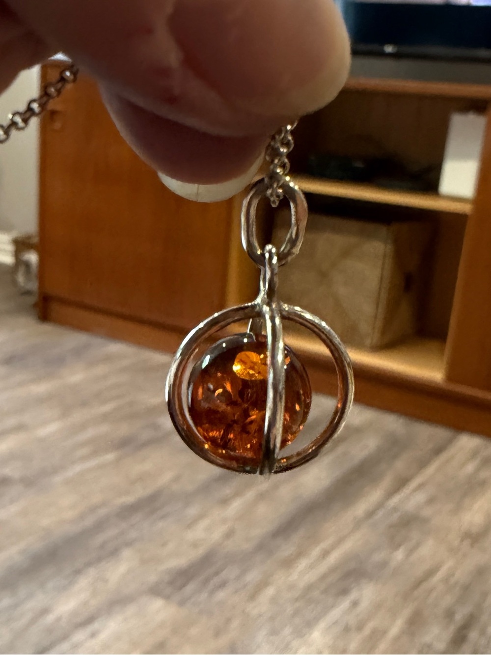 Silver Orb Pendant Necklace with Amber Glass Sphere